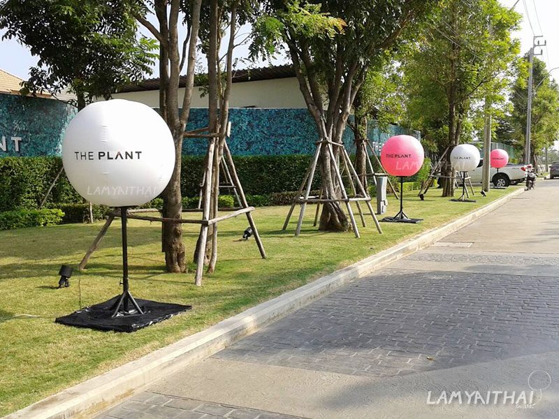 บอลลูนโฆษณาบนขาตั้งเรียงแถว หน้าโครงการบ้าน The Plant